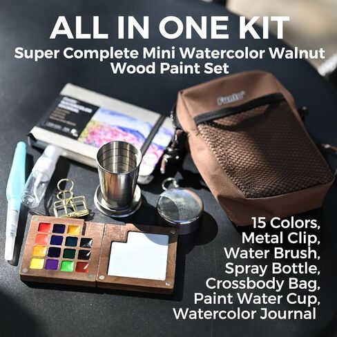 Funto Mini Watercolor Paint Set, All-in-One Walnut Wood 15-Color Premium Pocket Travel Paint Kit, with Crossbody Bag,Watercolor Journal, Metal Clip, Paint Water Cup, Water Brush Ideal for Art Lovers in Saudi Arabia