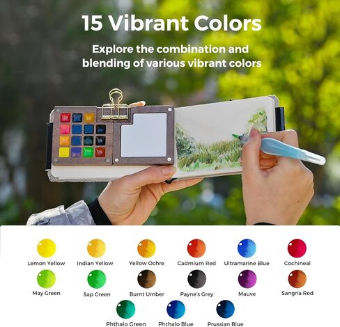 Funto Mini Watercolor Paint Set, All-in-One Walnut Wood 15-Color Premium Pocket Travel Paint Kit, with Crossbody Bag,Watercolor Journal, Metal Clip, Paint Water Cup, Water Brush Ideal for Art Lovers in Saudi Arabia