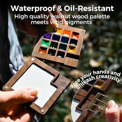 Funto Mini Watercolor Paint Set, All-in-One Walnut Wood 15-Color Premium Pocket Travel Paint Kit, with Crossbody Bag,Watercolor Journal, Metal Clip, Paint Water Cup, Water Brush Ideal for Art Lovers in Saudi Arabia