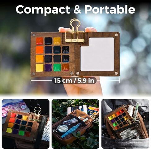 Funto Mini Watercolor Paint Set, All-in-One Walnut Wood 15-Color Premium Pocket Travel Paint Kit, with Crossbody Bag,Watercolor Journal, Metal Clip, Paint Water Cup, Water Brush Ideal for Art Lovers in Saudi Arabia