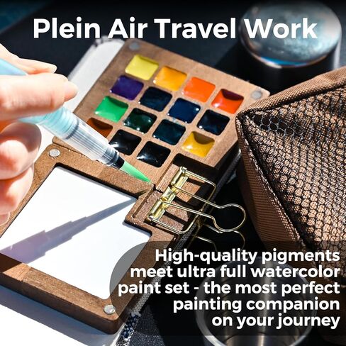 Funto Mini Watercolor Paint Set, All-in-One Walnut Wood 15-Color Premium Pocket Travel Paint Kit, with Crossbody Bag,Watercolor Journal, Metal Clip, Paint Water Cup, Water Brush Ideal for Art Lovers in Saudi Arabia