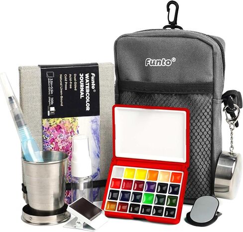 Funto Mini Watercolor Paint Set, All-in-One Walnut Wood 15-Color Premium Pocket Travel Paint Kit, with Crossbody Bag,Watercolor Journal, Metal Clip, Paint Water Cup, Water Brush Ideal for Art Lovers in Saudi Arabia