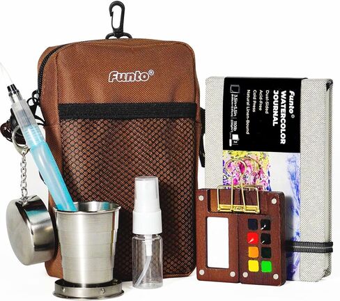Funto Mini Watercolor Paint Set, All-in-One Walnut Wood 15-Color Premium Pocket Travel Paint Kit, with Crossbody Bag,Watercolor Journal, Metal Clip, Paint Water Cup, Water Brush Ideal for Art Lovers in Saudi Arabia