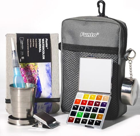 Funto Mini Watercolor Paint Set, All-in-One Walnut Wood 15-Color Premium Pocket Travel Paint Kit, with Crossbody Bag,Watercolor Journal, Metal Clip, Paint Water Cup, Water Brush Ideal for Art Lovers in Saudi Arabia