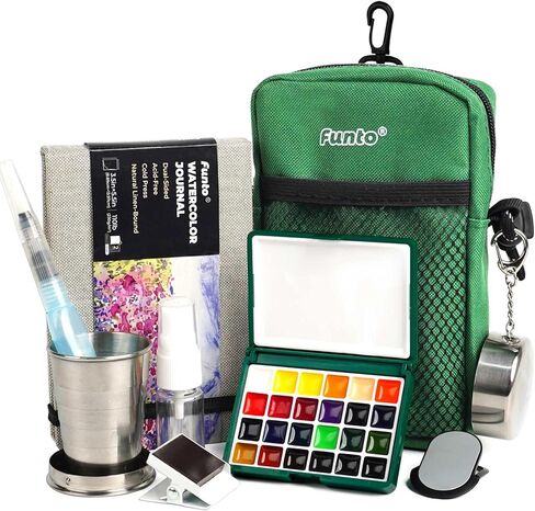 Funto Mini Watercolor Paint Set, All-in-One Walnut Wood 15-Color Premium Pocket Travel Paint Kit, with Crossbody Bag,Watercolor Journal, Metal Clip, Paint Water Cup, Water Brush Ideal for Art Lovers in Saudi Arabia