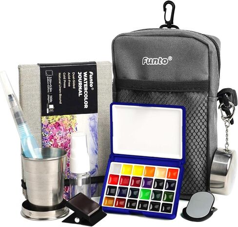 Funto Mini Watercolor Paint Set, All-in-One Walnut Wood 15-Color Premium Pocket Travel Paint Kit, with Crossbody Bag,Watercolor Journal, Metal Clip, Paint Water Cup, Water Brush Ideal for Art Lovers in Saudi Arabia