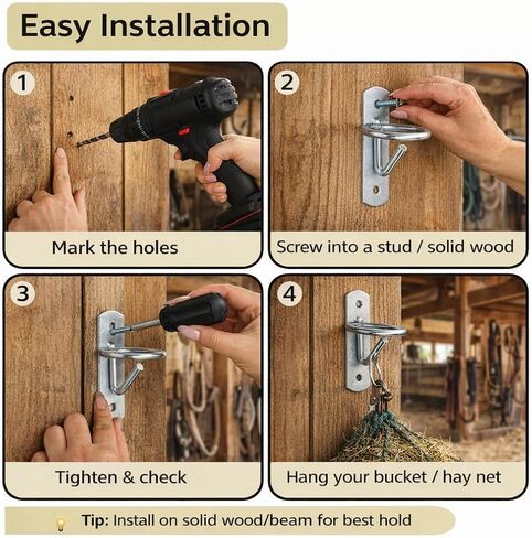 خطافات دلو كشك الحصان، شماعات دلو حلقية معدنية شديدة التحمل مع خطاف على شكل حرف J، حامل دلو تغذية المياه مثبت على الحائط للحظيرة والمستقر والسياج، يتضمن براغي، عبوتان in Kuwait