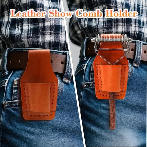 مشط عرف الحصان 2 في 1 مع حامل مشط جلدي، مشط تشذيب المعطف السفلي للماعز والبقر والماشية والحيوانات الأليفة و20 شفرة مقاومة للصدأ ومقبض خشبي in Kuwait