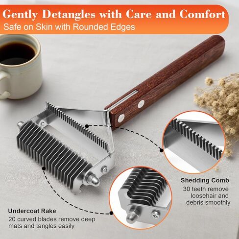 مشط عرف الحصان 2 في 1 مع حامل مشط جلدي، مشط تشذيب المعطف السفلي للماعز والبقر والماشية والحيوانات الأليفة و20 شفرة مقاومة للصدأ ومقبض خشبي in Kuwait