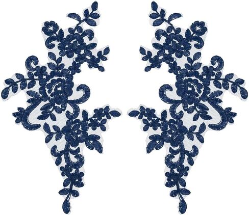 MECCANIXITY 2 Pack Navy Blue Flower Lace Appliques, 10 x 5 Inches 3D Embroidery Lace Patch Sewing Embellishments for Wedding Bridal Dress Clothes DIY Crafts Accessories Decoration in Saudi Arabia