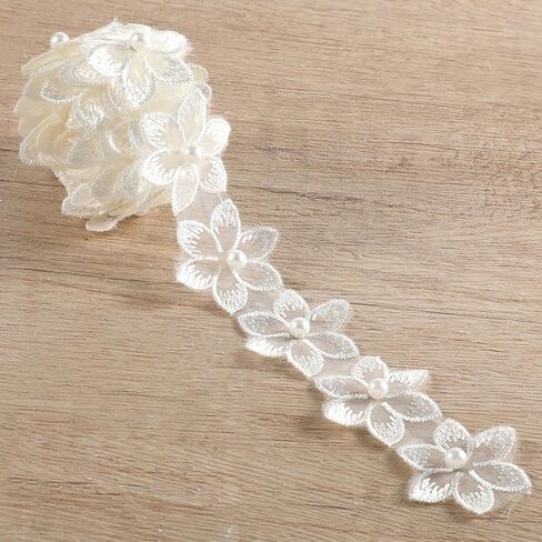 Flower Lace Trim Ribbon White Lace Applique Embellishments Flower Dress Applique Trim with Pearl 3D Embroidered Ribbon Organza Flowers for DIY Craft Clothing Wedding Decorations in Saudi Arabia