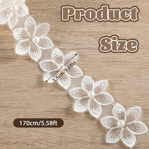 Flower Lace Trim Ribbon White Lace Applique Embellishments Flower Dress Applique Trim with Pearl 3D Embroidered Ribbon Organza Flowers for DIY Craft Clothing Wedding Decorations in Saudi Arabia