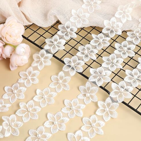 Flower Lace Trim Ribbon White Lace Applique Embellishments Flower Dress Applique Trim with Pearl 3D Embroidered Ribbon Organza Flowers for DIY Craft Clothing Wedding Decorations in Saudi Arabia