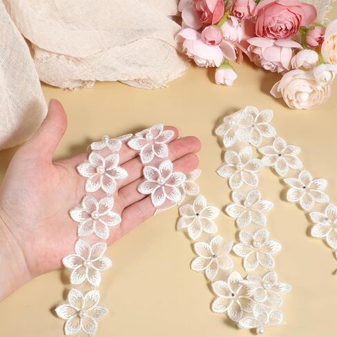 Flower Lace Trim Ribbon White Lace Applique Embellishments Flower Dress Applique Trim with Pearl 3D Embroidered Ribbon Organza Flowers for DIY Craft Clothing Wedding Decorations in Saudi Arabia