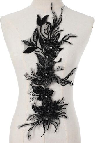Phoenix Peacock Feather Lace Applique, Black 3D Flower Beaded Embroidered Appliques Fabric Vintage Flower Stickers for Wedding Bridal Dress Clothing DIY Crafts Jackets Jeans Decor in Kuwait