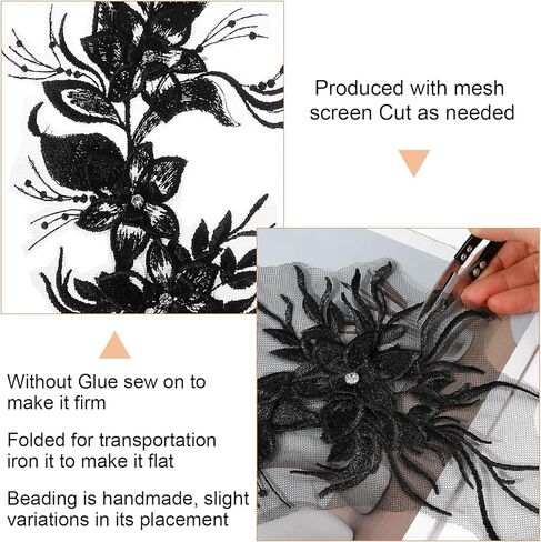 Phoenix Peacock Feather Lace Applique, Black 3D Flower Beaded Embroidered Appliques Fabric Vintage Flower Stickers for Wedding Bridal Dress Clothing DIY Crafts Jackets Jeans Decor in Kuwait