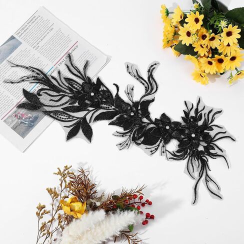 Phoenix Peacock Feather Lace Applique, Black 3D Flower Beaded Embroidered Appliques Fabric Vintage Flower Stickers for Wedding Bridal Dress Clothing DIY Crafts Jackets Jeans Decor in Kuwait