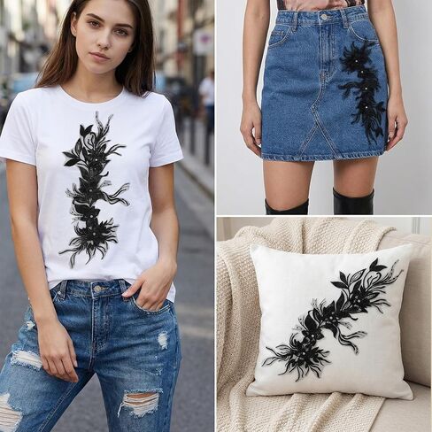 Phoenix Peacock Feather Lace Applique, Black 3D Flower Beaded Embroidered Appliques Fabric Vintage Flower Stickers for Wedding Bridal Dress Clothing DIY Crafts Jackets Jeans Decor in Kuwait