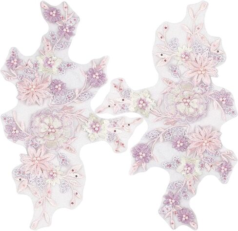 2Pcs 3D Floral Sequin Applique Pearl Beaded Embroidered Lace Appliques Pink Polyester Embroidery Lace Flower Sew on Tulle Patches for Sewing Making Dresses Clothes Gown Costumes DIY Supply in Kuwait
