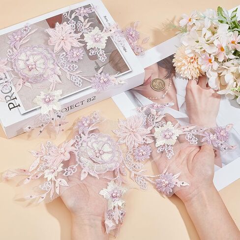 2Pcs 3D Floral Sequin Applique Pearl Beaded Embroidered Lace Appliques Pink Polyester Embroidery Lace Flower Sew on Tulle Patches for Sewing Making Dresses Clothes Gown Costumes DIY Supply in Kuwait