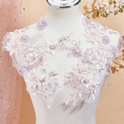 2Pcs 3D Floral Sequin Applique Pearl Beaded Embroidered Lace Appliques Pink Polyester Embroidery Lace Flower Sew on Tulle Patches for Sewing Making Dresses Clothes Gown Costumes DIY Supply in Kuwait