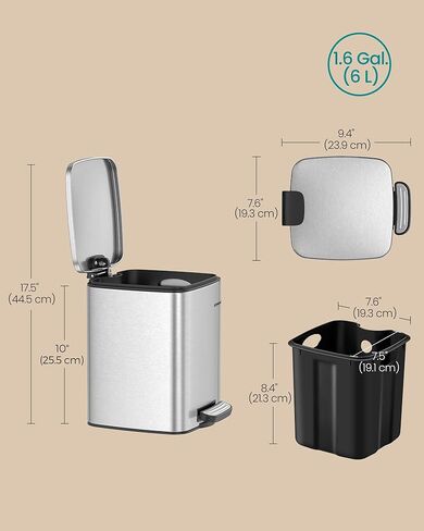 SONGMICS Dog Poop Trash Can, 1.6-Gallon (6 L) Outdoor Garbage Can with Lid, Soft Close, Stainless Steel with Inner Bucket, Metallic Silver ULTB590E02 in Saudi Arabia