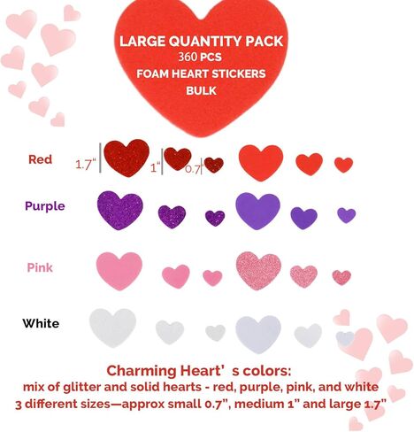 360Pcs Heart Stickers Foam Self-Adhesive Bulk for Valentines Day Card Gifts Crafts Supplies- Puffy Heart Valentines Stickers, Glitter & Matte Red Purple Pink White Stickers for DIY Scrapbooking Decor in Saudi Arabia