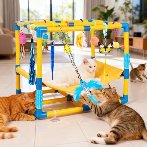 Puppy Play Gym for Small Dogs with 10 Hanging Toys, Removable Indoor Jungle Gym, PVC Frame with Adjustable Bungee Straps, Interactive Dog Toys Tug Toys for Dogs Rope Toy to Keep Them Busy in Saudi Arabia