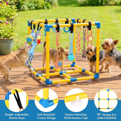 Puppy Play Gym for Small Dogs with 10 Hanging Toys, Removable Indoor Jungle Gym, PVC Frame with Adjustable Bungee Straps, Interactive Dog Toys Tug Toys for Dogs Rope Toy to Keep Them Busy in Saudi Arabia