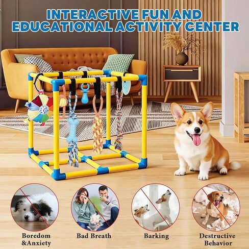Puppy Play Gym for Small Dogs with 10 Hanging Toys, Removable Indoor Jungle Gym, PVC Frame with Adjustable Bungee Straps, Interactive Dog Toys Tug Toys for Dogs Rope Toy to Keep Them Busy in Saudi Arabia