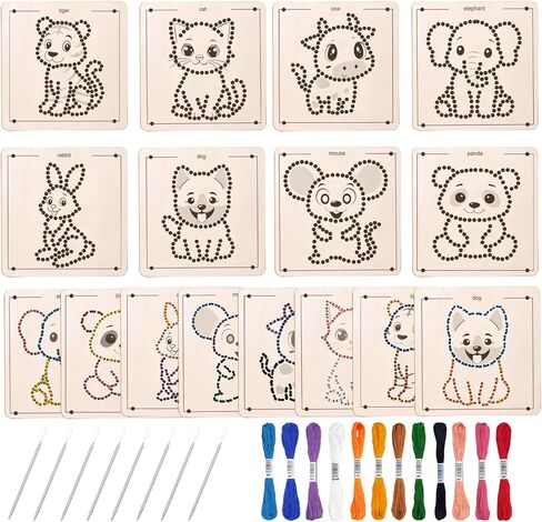 Ukontagood 16 Pack Montessori Wooden Lacing Toys, Sewing Kit Fine Motor Skill Busy Board, Sewing Lacing Weaving Wooden Boards for Toddlers and Kids in Saudi Arabia
