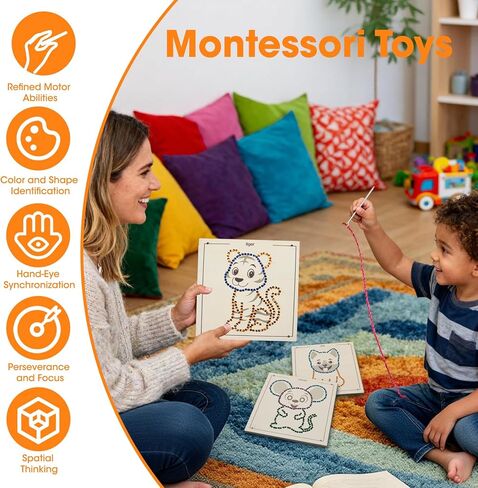 Ukontagood 16 Pack Montessori Wooden Lacing Toys, Sewing Kit Fine Motor Skill Busy Board, Sewing Lacing Weaving Wooden Boards for Toddlers and Kids in Saudi Arabia