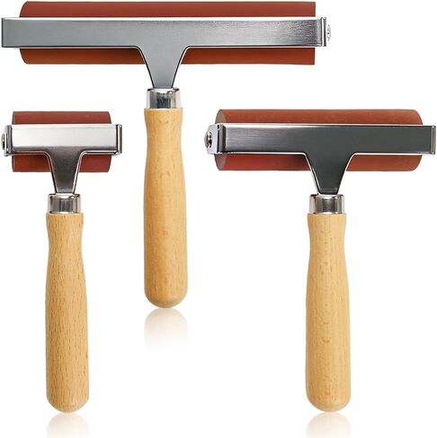 Pumtus 3 Sizes Rubber Brayer Roller, 6,4,2 Inch Soft Printmaking Brayer Tool with Wood Handle, Vinyl Paint Roller for Crafting, Art Paint Brush for Stamping, Wallpapers, Tape, Ink, Gluing, Scrapbook in Saudi Arabia