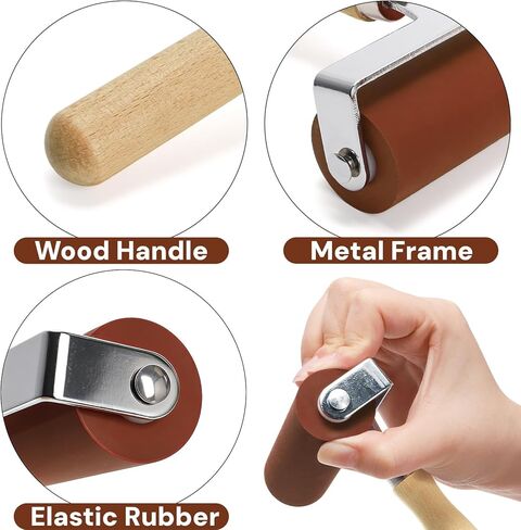 Pumtus 3 Sizes Rubber Brayer Roller, 6,4,2 Inch Soft Printmaking Brayer Tool with Wood Handle, Vinyl Paint Roller for Crafting, Art Paint Brush for Stamping, Wallpapers, Tape, Ink, Gluing, Scrapbook in Saudi Arabia