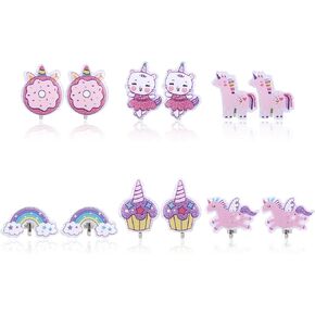 6 Pairs Clip On Earrings for Kids, Cute Princess Resin Clip On Earrings No Pierced Kids Jewelry Donut Cupcake Rainbow Design Dress Up Jewelry for Toddler Girls Party Gift in Saudi Arabia