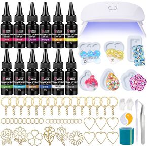LET'S RESIN All-Inclusive Keychain Making Kit, 12-Color UV Resin with Keychain Molds Silicone, UV Light, 6 Styles Flower and Heart Open Bezels for Resin, Jewelry Making Kit for Beginners, Craft Decor in Kuwait