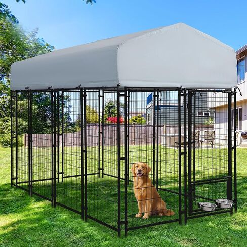 بيوت الكلاب الخارجية مقاس 8 × 4 × 6 أقدام للكلاب الكبيرة، سلك ملحوم شديد التحمل من الفولاذ خارج بيت الكلب مع سقف، أقلام الكلاب مع وعاءين دوارين للكلاب، سياج روضة للكلاب مع قفل آمن للفناء الخلفي in Kuwait