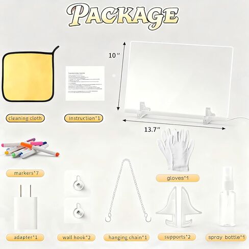 لوحة ملاحظات LED مقاس 13.7 × 10 بوصة - لوحة مسح جافة من الأكريليك المضيئة مع 7 ألوان و4 أوضاع، تتضمن محول، وسلسلة تعليق، وحامل وأقلام تحديد، ولوحة رسم للمنزل والفصل الدراسي، هدية إبداعية للمراهقين in Kuwait