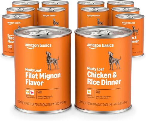 Amazon Basics Wet Dog Food Meaty Loaf Variety Pack, Filet Mignon Flavor and Chicken & Rice Dinner, Made with Real Chicken and Beef, 13.2 oz can, (6 cans of Each Flavor, 12 cans in Total) in Saudi Arabia