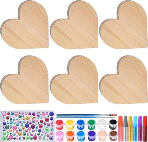 مجموعة طلاء القلب الخشبي لعيد الحب، 6 قلوب خشبية غير مكتملة مع مجموعة طلاء حرفية لأنشطة الأزواج، علامات قلب فارغة للحرف اليدوية اليدوية، ديكور شخصي لسطح الطاولة وهدية رومانسية in Kuwait