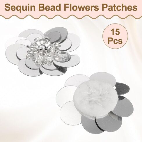 uxcell 15Pcs Sequin Beaded Flowers Patches, 30mm Handmade Paillette Crystal Applique Sewing Beaded Flower Applique for Dress Bags Headband Decor, Silver in Saudi Arabia