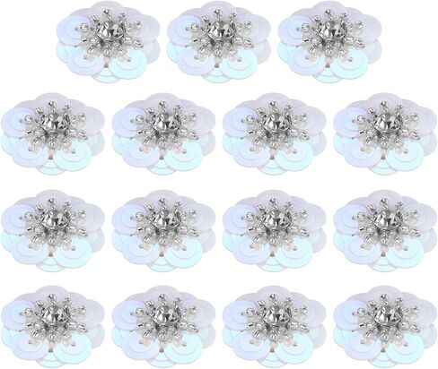 uxcell 15Pcs Sequin Beaded Flowers Patches, 30mm Handmade Paillette Crystal Applique Sewing Beaded Flower Applique for Dress Bags Headband Decor, Silver in Saudi Arabia