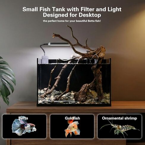 مجموعة حوض سمك صغير سعة 2.8 جالون، حوض أسماك زجاجي، طقم حوض أسماك نانو طبيعي مع فلتر شلال وضوء للمبتدئين والأطفال للحفاظ على أسماك البيتا والسمك الذهبي والروبيان والنباتات المائية in Kuwait