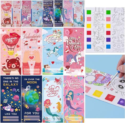 هدايا عيد الحب للأطفال 24 حزمة بطاقات عيد الحب مع كتب التلوين المائية للبنين بنات كتاب الرسم بالألوان المائية للأطفال الصغار عيد الحب تبادل المدرسة هدية الفصول الدراسية الطرف تفضل in Kuwait