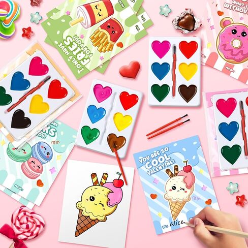 Valentines Day Gifts for Kids, 24 Packs Heart Watercolor Paint Sets with Dessert Food Painting Cards, Classroom School Exchange Prizes & Art Party Favors for Boys Girls in Saudi Arabia