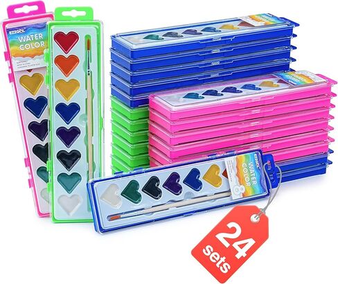 Watercolor Paint Sets, 24 pack 8 Colors Heart Washable Paint Sets,Wooden Brushes, Idear Valentines Day Gift for Preschool Classroom, Art School, Birthday Party in Saudi Arabia