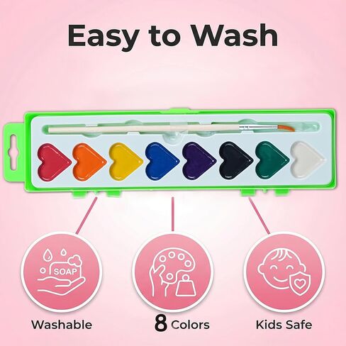 Watercolor Paint Sets, 24 pack 8 Colors Heart Washable Paint Sets,Wooden Brushes, Idear Valentines Day Gift for Preschool Classroom, Art School, Birthday Party in Kuwait