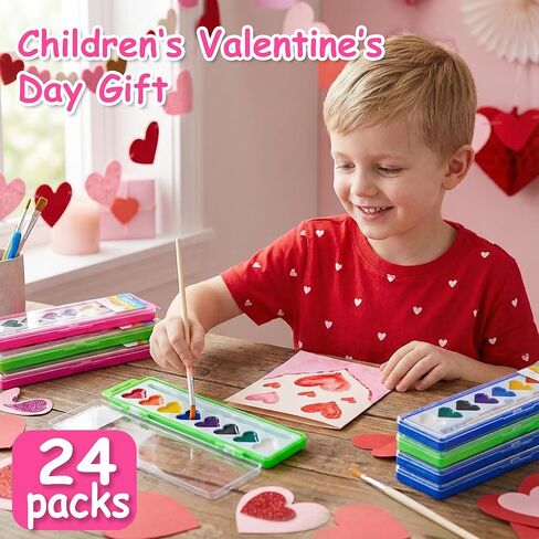 Watercolor Paint Sets, 24 pack 8 Colors Heart Washable Paint Sets,Wooden Brushes, Idear Valentines Day Gift for Preschool Classroom, Art School, Birthday Party in Kuwait