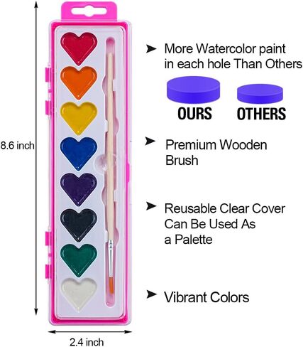 Watercolor Paint Sets, 24 pack 8 Colors Heart Washable Paint Sets,Wooden Brushes, Idear Valentines Day Gift for Preschool Classroom, Art School, Birthday Party in Kuwait