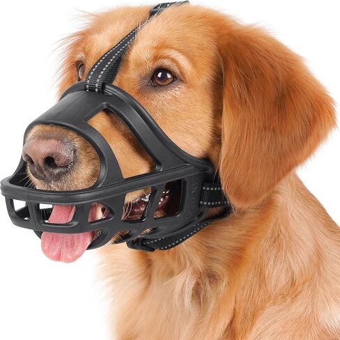 BARKLESS Dog Basket Muzzle for Medium & Large Dogs, Humane Cage Muzzle Prevent Biting Scavenging, Breathable Open Front Mouth Cover with Reflective Strap for Training, Walking Vet Visits (Black, L) in Saudi Arabia